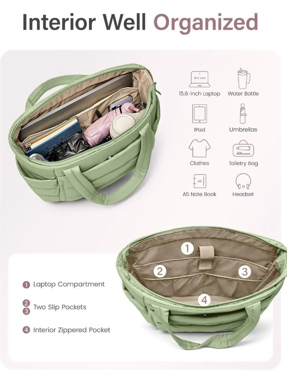 👜Women's Foam Green Quilted Puffer Tote Bag Zipper Work Bag With Compartments